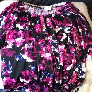 New York & Company Pink and White Ruffled Short Sleeve Blouse